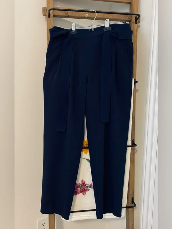 LOFT Navy Tie-Belt High-Rise Tapered Leg Trousers - Picture 1 of 10